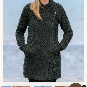 Aran Crafts Ireland Knit Merino Wool Sweater Coat Coatigan side zip Celtic Irish